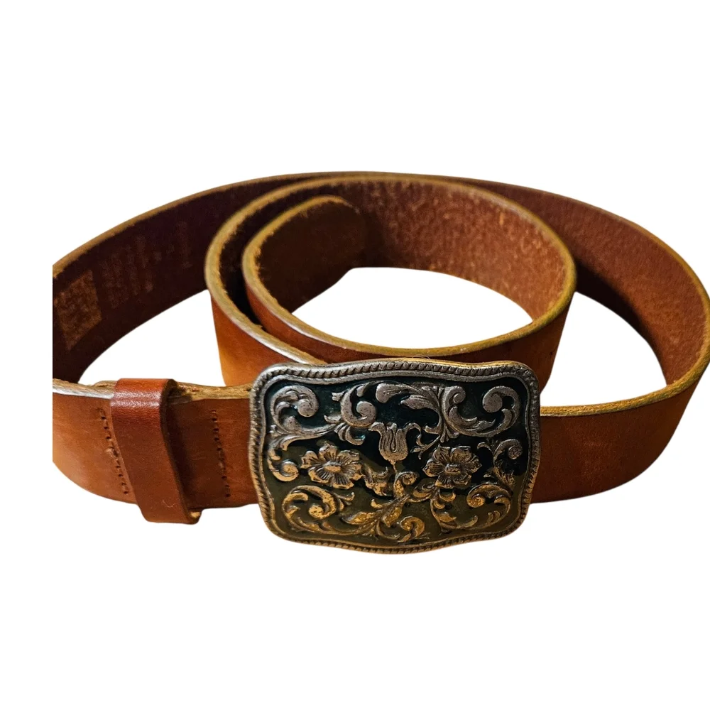 Vintage Gap Leather Brown Belt Silver Green Enamel Buckle Italy L